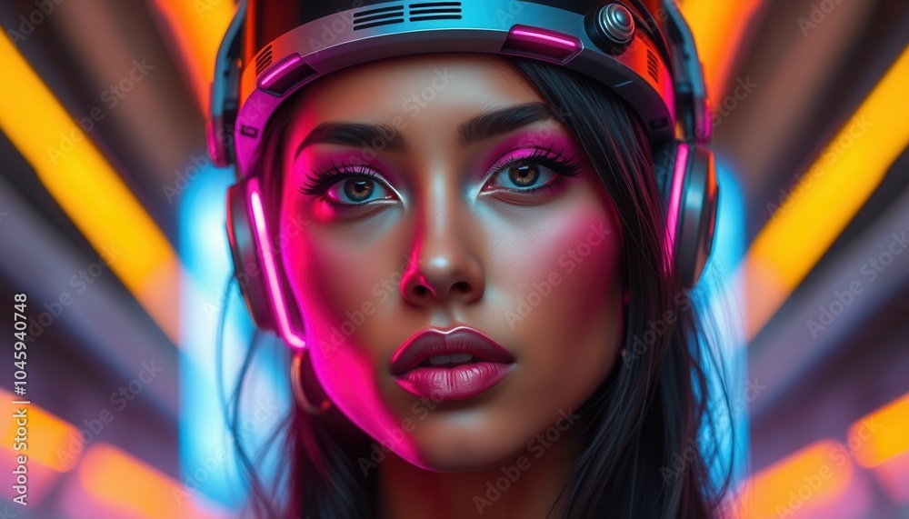 Fototapeta premium A young woman wearing a futuristic headset poses against a vibrant neon backdrop, showcasing a stylish and modern appearance