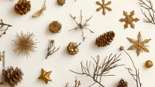 Elegant flat lay featuring rustic Christmas decorations with gold accents, including pine cones, twigs, and stars, perfect for holiday-themed projects, crafts, or seasonal decor inspiration. photo