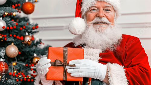Santa Claus smiles warmly while holding a red gift wrapped with a brown ribbon. The background features a decorated Christmas tree, adding a festive touch to this cheerful holiday scene. photo