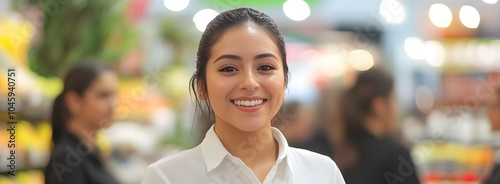 A beautiful Mexican woman who is 35 years old and works as a BDM. She is dressed in a stylish white shirt and smiles warmly as she welcomes others with open palms.