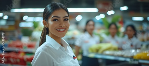 A Mexican woman who works as a BDM, is 35 years old and wears a stylish white shirt while smiling warmly and welcoming people with open palms. photo