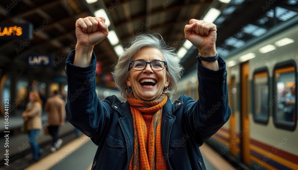 Cheerful woman celebrating at a busy train station during morning rush hour, highlighting the joy of travel and connection Cheerful woman celebrating at a busy train station during morning rush hour, highlighting the joy of travel and connection