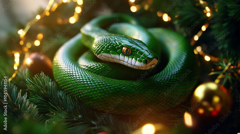 Fototapeta premium Green snake coiled among holiday decorations in a festive indoor setting