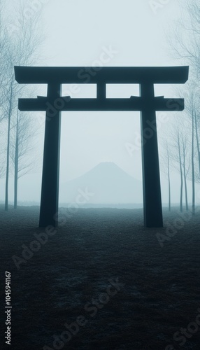 A misty scene featuring a torii gate and a distant mountain.