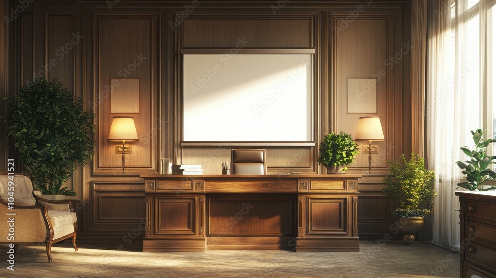 Elegant office with a blank screen on the wall Elegant office with a blank screen on the wall