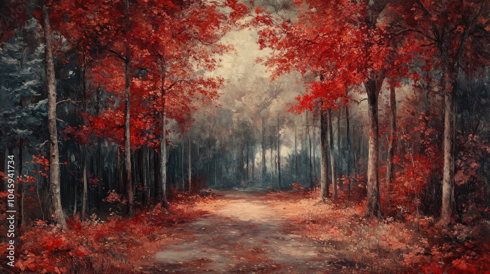 Fototapeta premium Forest glade with a canopy of red leaves