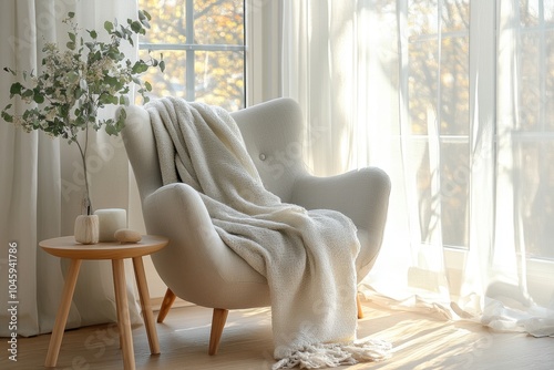 cozy home reading nook, a warm and inviting scandinavian reading corner by the window, featuring a soft pastel armchair, a modern wooden side table, and a cozy wool throw, illuminated by gentle