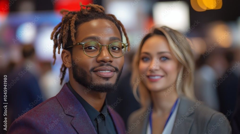Smiling business professionals in modern office setting, suitable for corporate events, team collaboration, or diversity marketing. Warm lighting with blurred background Smiling business professionals in modern office setting, suitable for corporate events, team collaboration, or diversity marketing. Warm lighting with blurred background