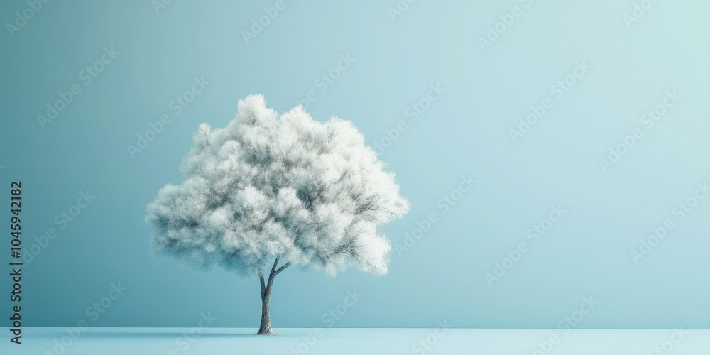 Minimalist lone tree in snowy landscape against soft blue background Minimalist lone tree in snowy landscape against soft blue background