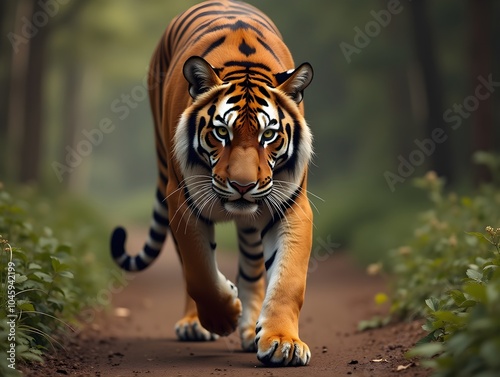 The whole tall tiger front, striding towards you looking into your eyes photo