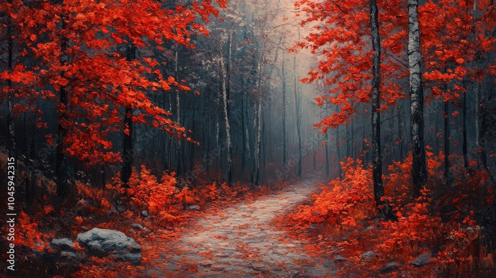 Fototapeta premium Forest trail with vibrant red leaves
