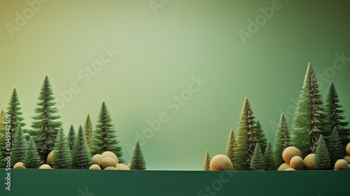 A creative scene featuring miniature pine trees arranged on a green background, complemented by spherical accents. The design evokes a peaceful, nature-inspired winter atmosphere,  photo