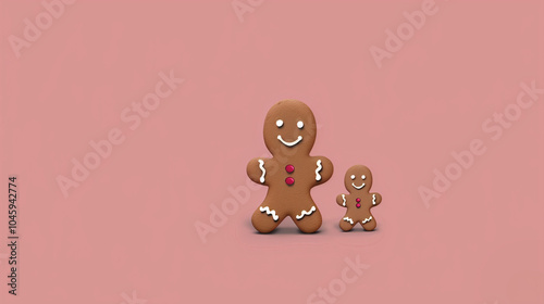 Two adorable gingerbread men, large and small, decorated with smiles and icing details, set against a pink background. Perfect for holiday-themed visuals, evoking warmth and Christmas cheer. photo