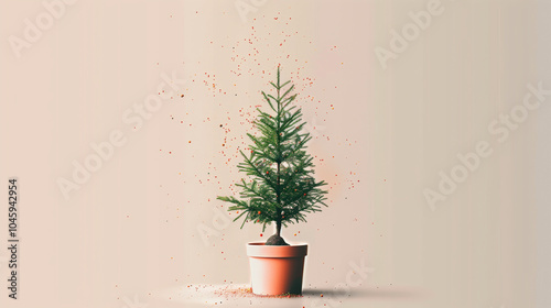 Simple and elegant illustration of a small potted Christmas tree with festive sparkles, perfect for contemporary holiday designs, cards, and minimalist seasonal decorations. photo