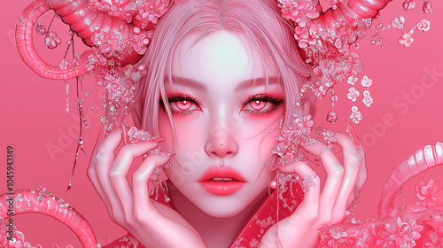 Mysterious anime fantasy girl with demon's horns on pink background