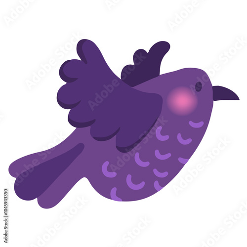 Cute cartoon crow highlighted on a white background. A painted thick purple crow flies in the sky. Vector illustration for Halloween