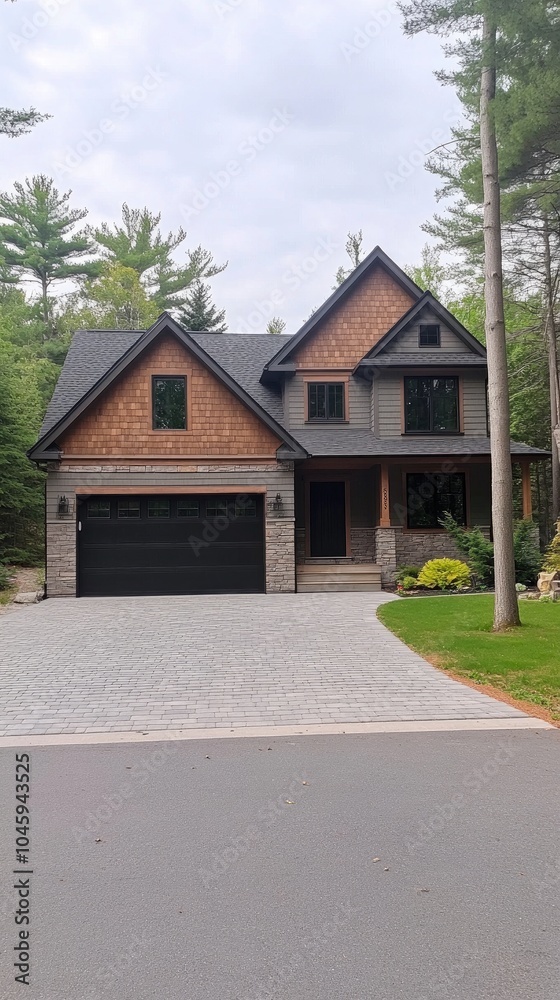A contemporary home featuring wooden paneling and spacious glass windows sits amidst lush greenery, showcasing a welcoming entrance and a stylish garage A contemporary home featuring wooden paneling and spacious glass windows sits amidst lush greenery, showcasing a welcoming entrance and a stylish garage