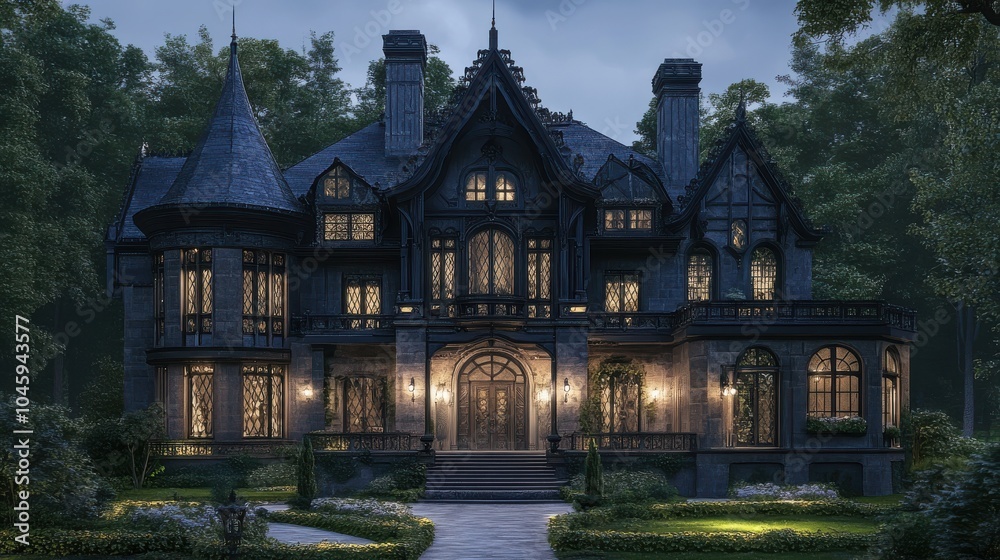 Fototapeta premium Gothic-style home with ornate details.