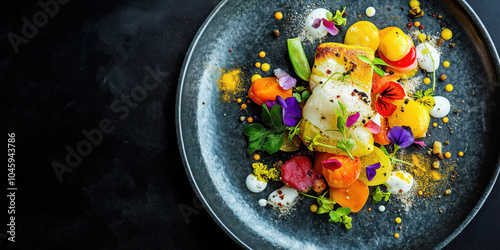 Vibrant gourmet dish with fresh vegetables, edible flowers, and creative plating on dark background