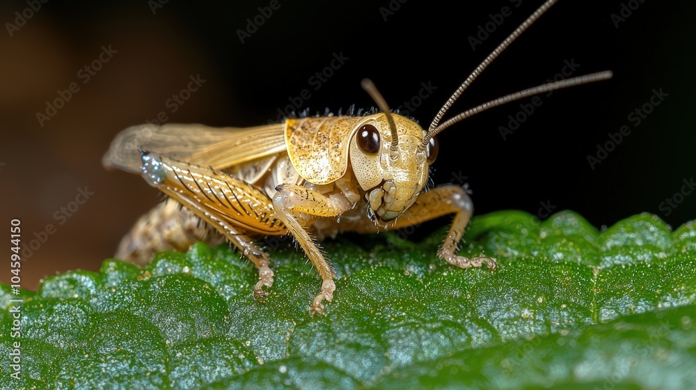 Close-up of grasshopper on leaf in natural habitat with detailed texture Close-up of grasshopper on leaf in natural habitat with detailed texture