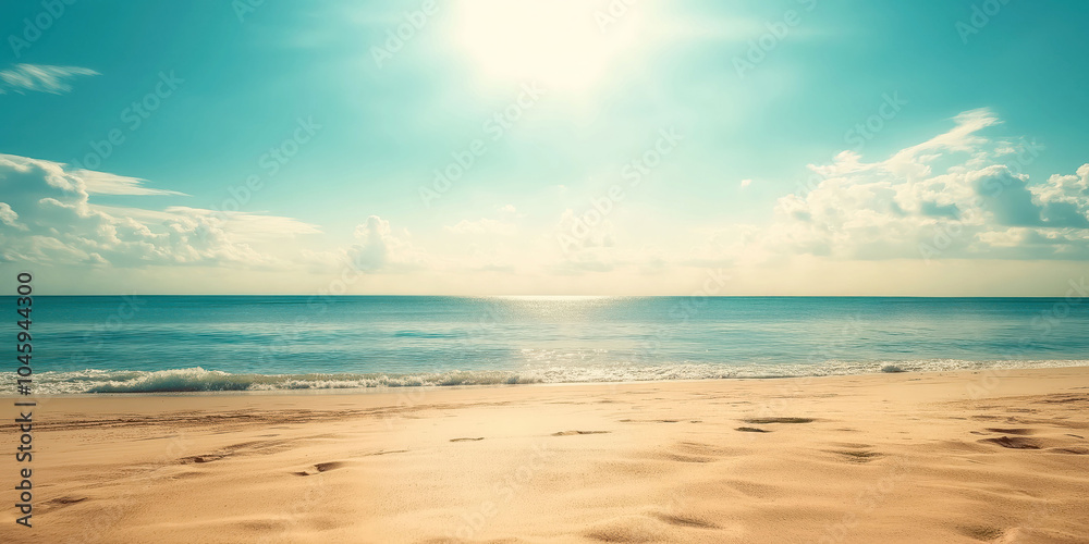 Tranquil sandy beach under bright sunshine with calm turquoise waters and clear sky Tranquil sandy beach under bright sunshine with calm turquoise waters and clear sky