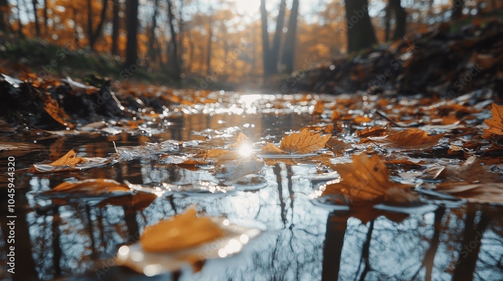 Obraz premium Leaves floating in a woodland brook
