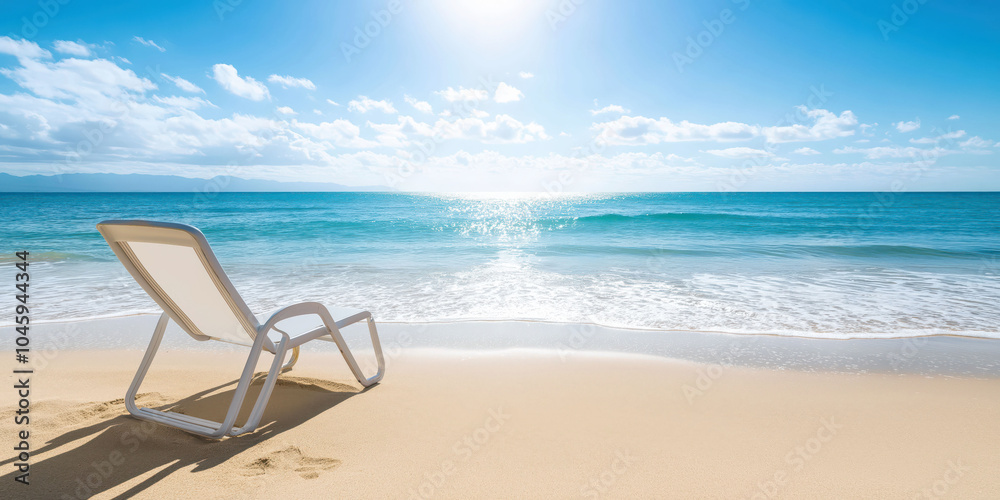 Tranquil beach scene with sunlit waves and empty lounge chair Tranquil beach scene with sunlit waves and empty lounge chair