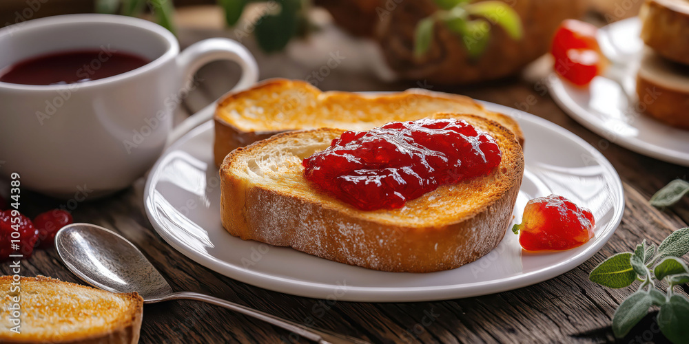 Rustic breakfast: toast with strawberry jam and tea in a cozy setting Rustic breakfast: toast with strawberry jam and tea in a cozy setting