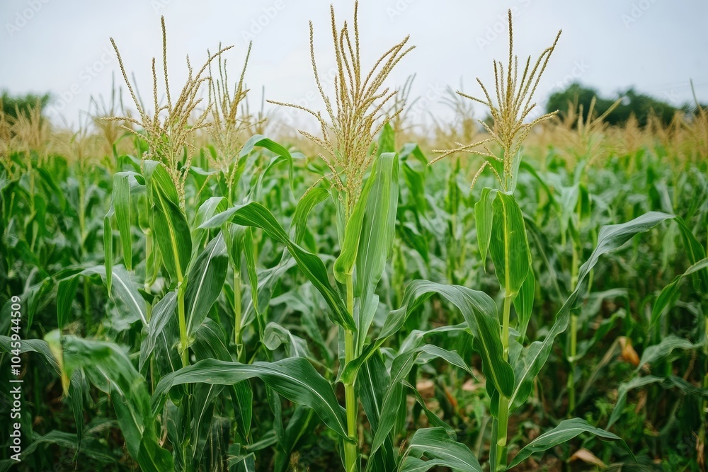Obraz premium Lush green corn plants with emerging golden tassels stretch across a vast field, showcasing the vitality and abundance of agricultural crops