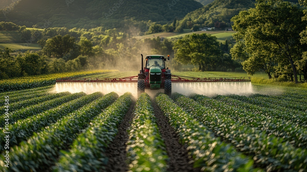 Tractor spray fertilize field with insecticide herbicide chemicals in agriculture field Tractor spray fertilize field with insecticide herbicide chemicals in agriculture field