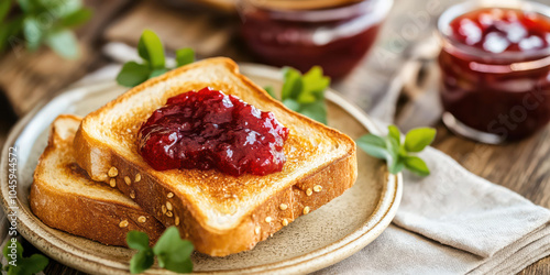 Fresh strawberry jam on toast with rustic wooden background and green garnish photo