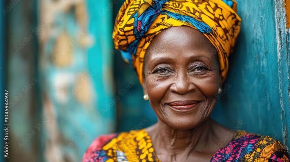 Fototapeta premium Middle-aged Nigerian woman with a colorful dress and a friendly expression.