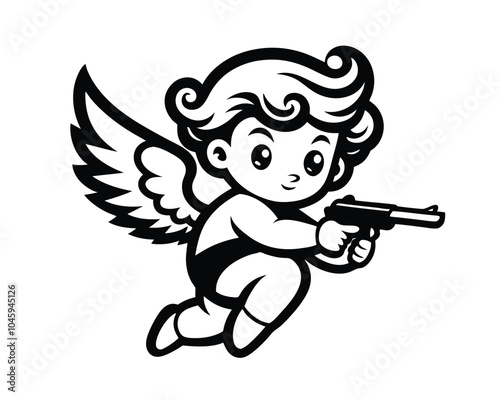 Cute little angel cupid holding gun vintage retro style vector illustration