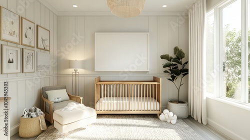 Modern nursery with a blank canvas on the wall