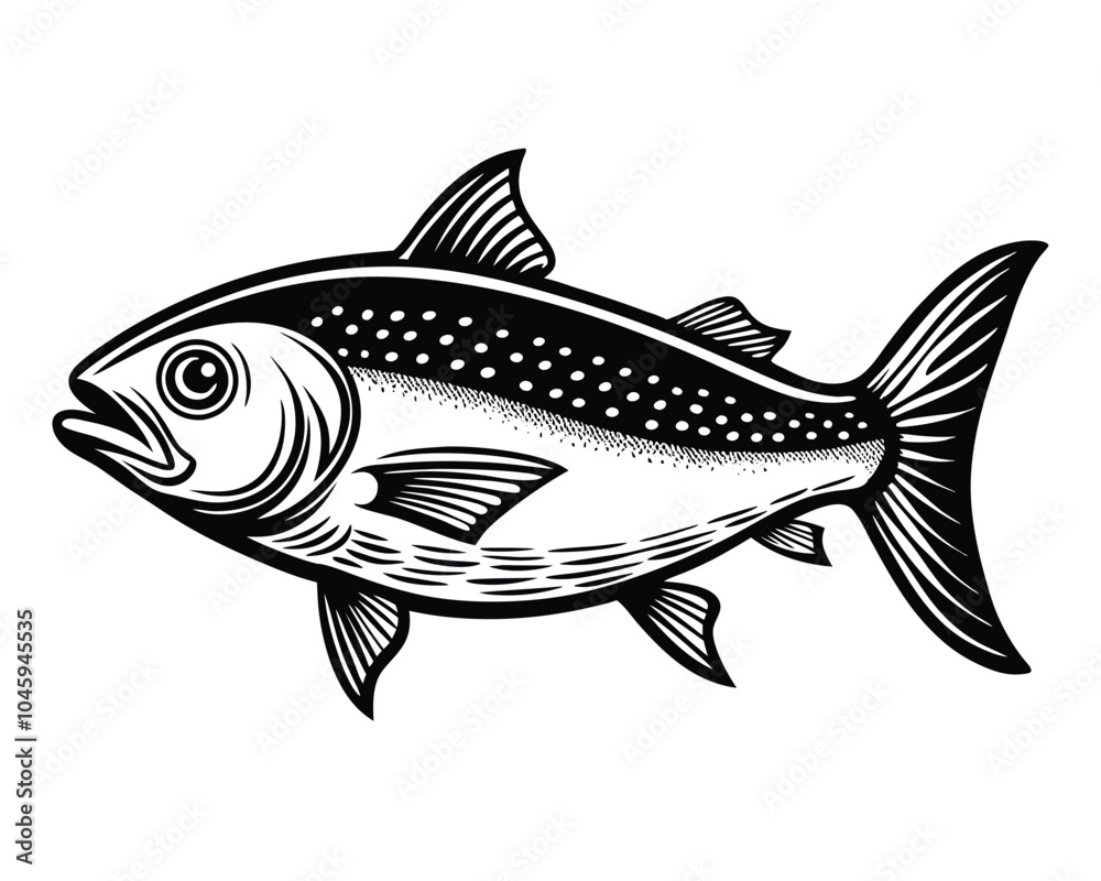 Fototapeta premium Fish grunge black outline hand drawn vector on white background