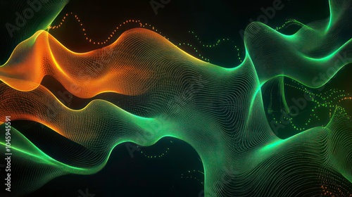 Abstract flowing green and orange lines and dots on a black background.