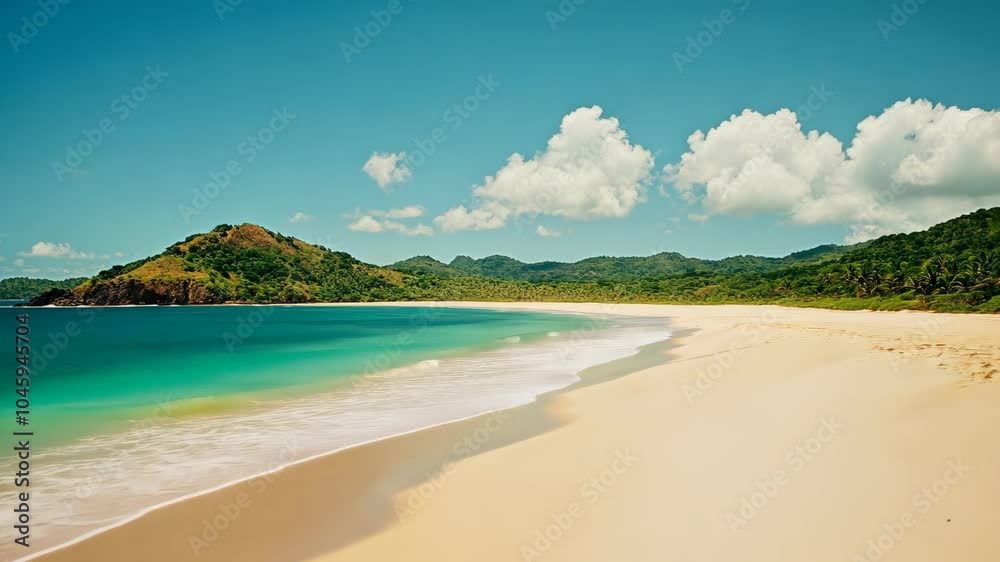 A pristine, white-sand beach curves around a turquoise bay on a sunny day A pristine, white-sand beach curves around a turquoise bay on a sunny day