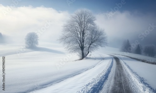 A snowy road with a tree in the middle