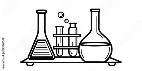 Chemical laboratory with flasks and tubes sketch outline style vector