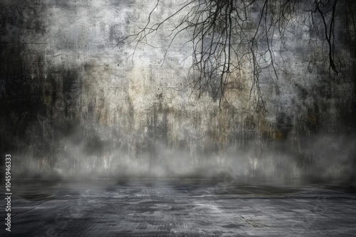 Dark, foggy forest with a tree in the foreground