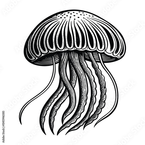 jellyfish doodle style outline in black and white vector