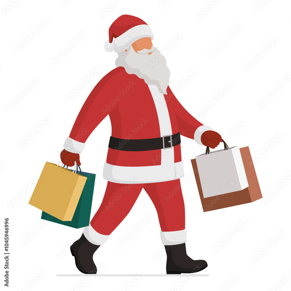 Happy Santa Claus holding shopping bags