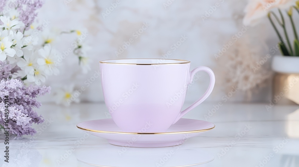 Elegant lavender teacup and saucer with floral arrangement on marble background Elegant lavender teacup and saucer with floral arrangement on marble background