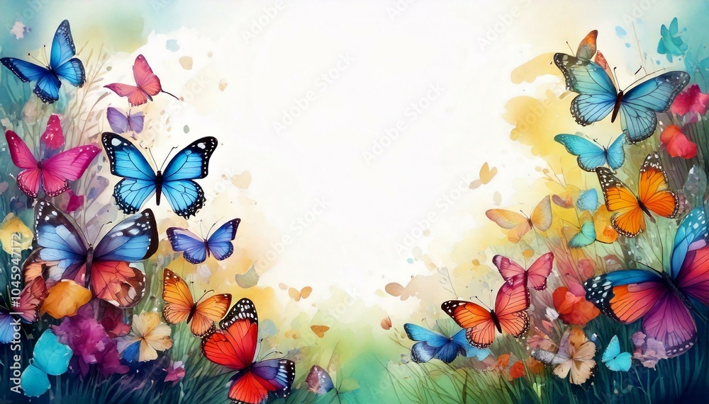 watercolor of butterfly background with empty copy space in the middle watercolor of butterfly background with empty copy space in the middle