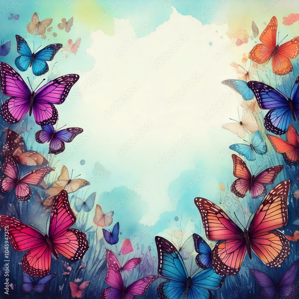 watercolor of butterfly background with empty copy space in the middle watercolor of butterfly background with empty copy space in the middle