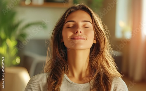 Smiling Woman with Eyes Closed, Finding Inner Peace and Serenity photo