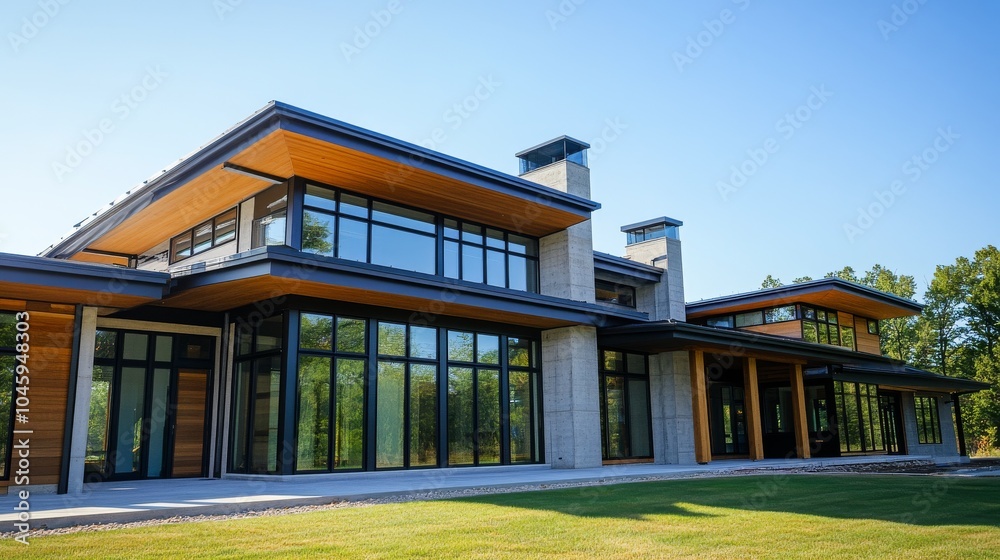 Modern home with large windows, a flat roof, and a grassy lawn. Modern home with large windows, a flat roof, and a grassy lawn.