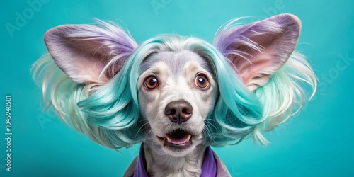 A Hairless Dog Wearing a Blue and Purple Wig, Portrait, Dog with Wig, Pet Hair, Fashionable Dog, Dog Photography, dog wig photo