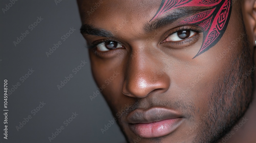 Close-up portrait of man with red tribal face paint Close-up portrait of man with red tribal face paint
