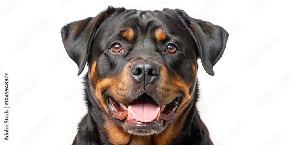 Fototapeta premium Close-Up Portrait of a Rottweiler with Tongue Out, White Background, Dog, Canine, Portrait, Animal, Pet